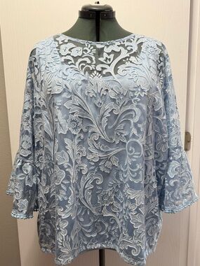 Ruby Rd. Woman 3X Light Blue Floral Lace Sheer Sleeve Blouse With Bell Sleeves